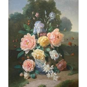 Henri Robbe, "bouquet Of Flowers" Painting, Still Life Painting, Oil Panel, Ca 1840